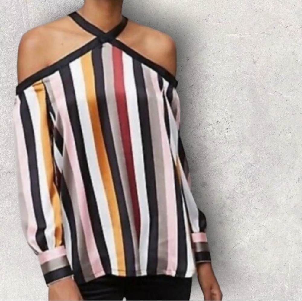 LOFT Off The Shoulder Long Sleeve Blouse Top Striped Halter Neck